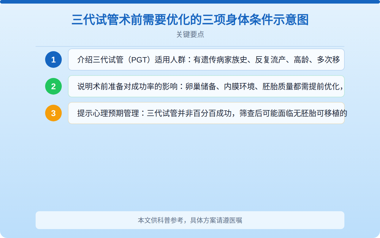 三代试管术前需要优化的三项身体条件示意图