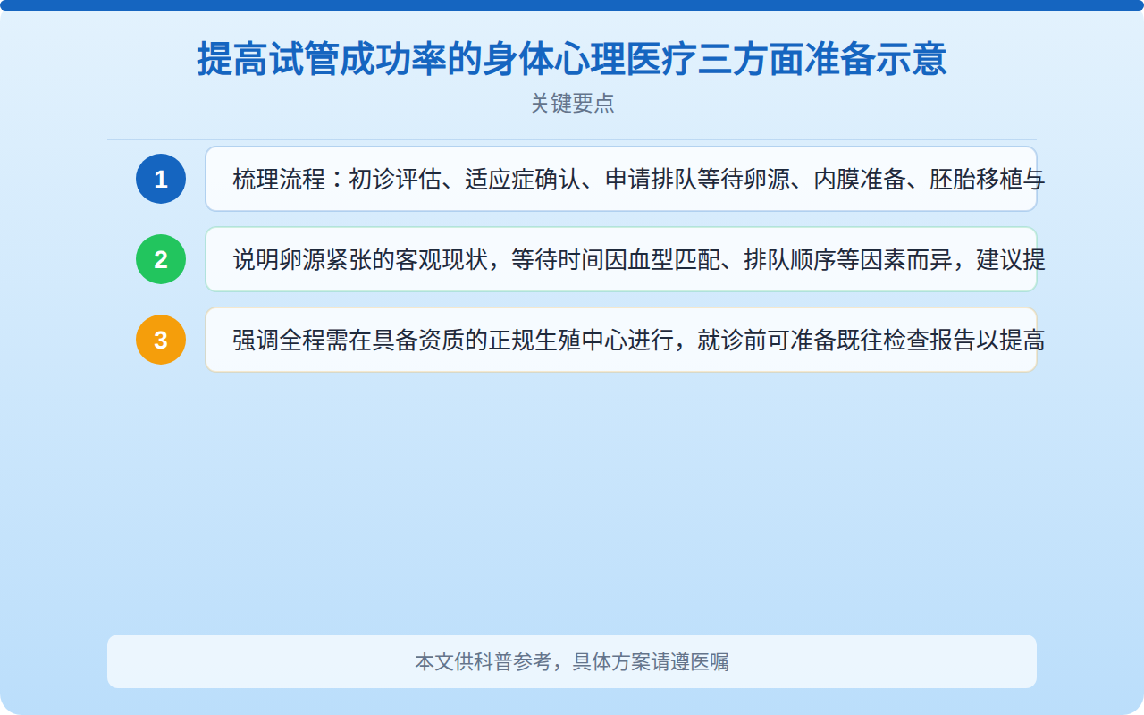 提高试管成功率的身体心理医疗三方面准备示意