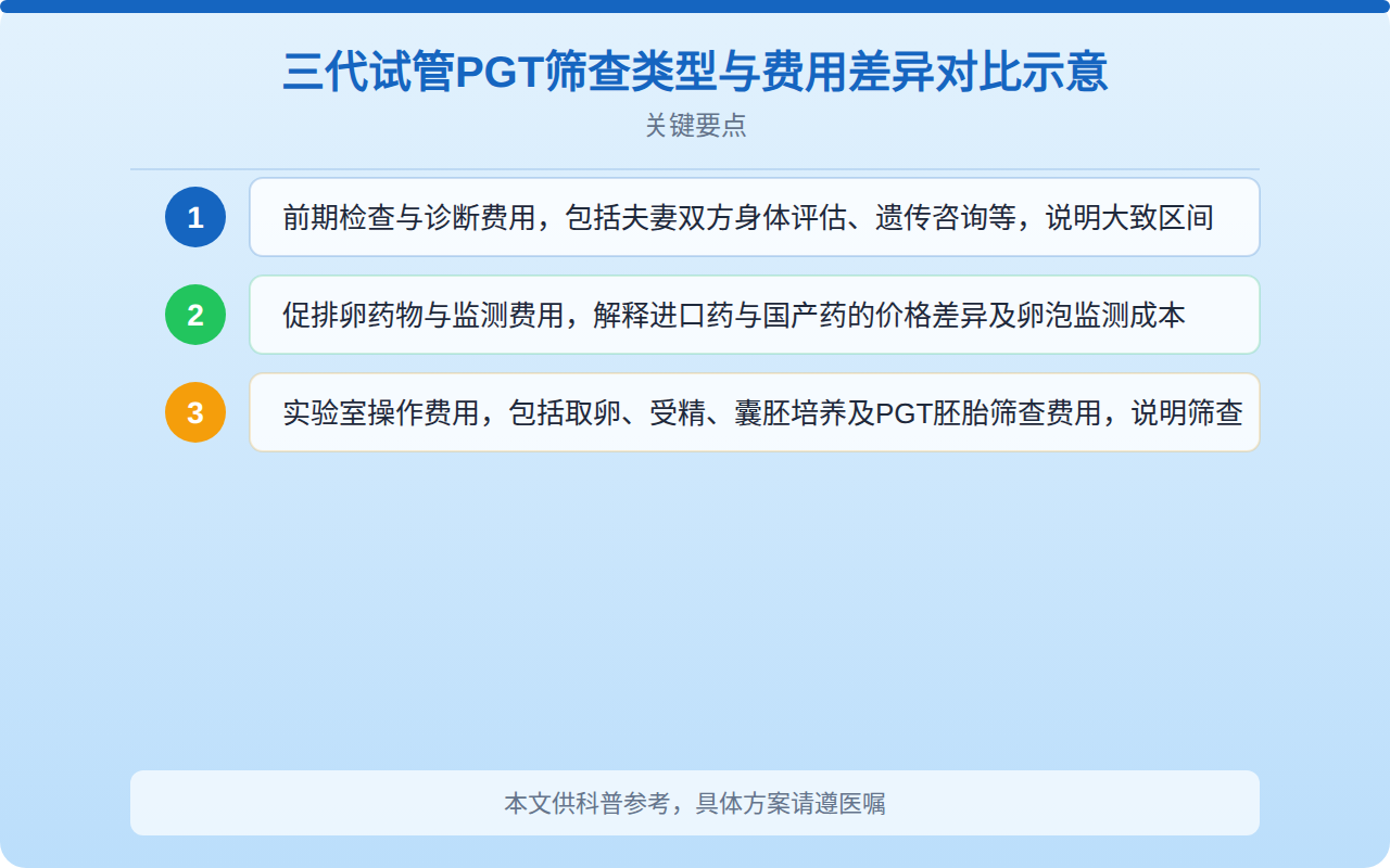 三代试管PGT筛查类型与费用差异对比示意