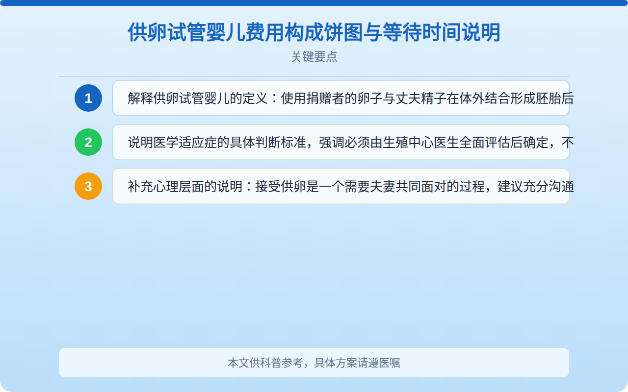 供卵试管婴儿费用构成饼图与等待时间说明