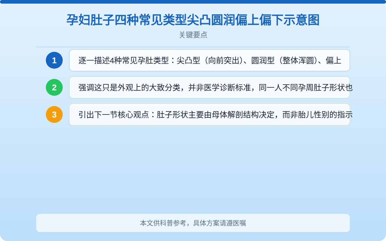 孕妇肚子四种常见类型尖凸圆润偏上偏下示意图