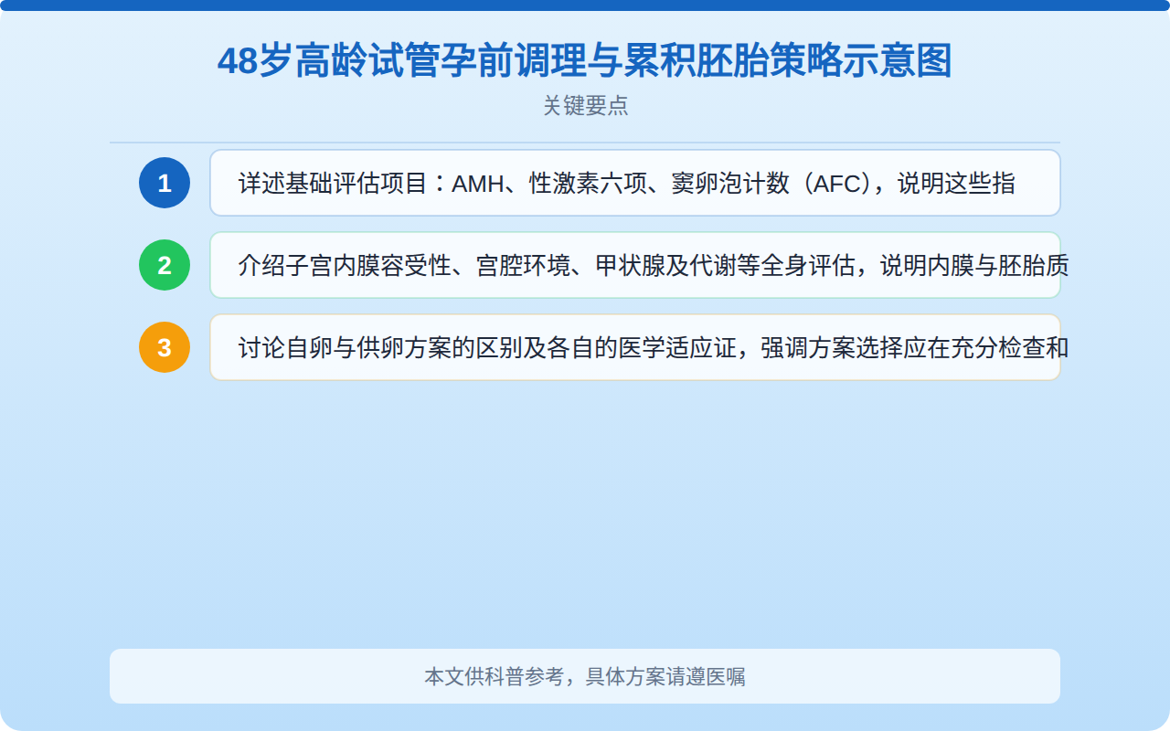 48岁高龄试管孕前调理与累积胚胎策略示意图