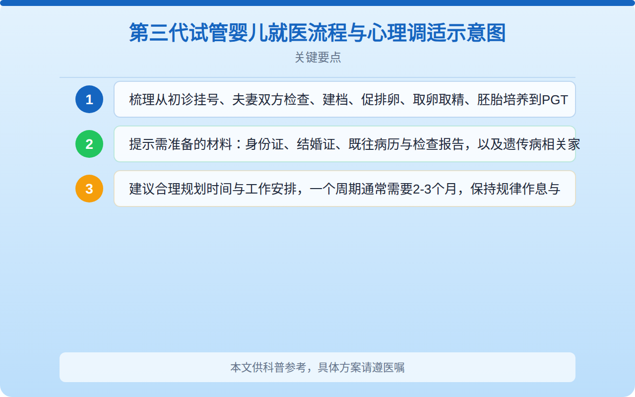第三代试管婴儿就医流程与心理调适示意图