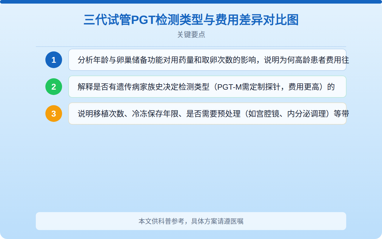 三代试管PGT检测类型与费用差异对比图